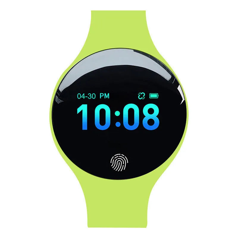 Smart watch with a coloured strap showing its 0.66-inch screen and Bluetooth pedometer functions.