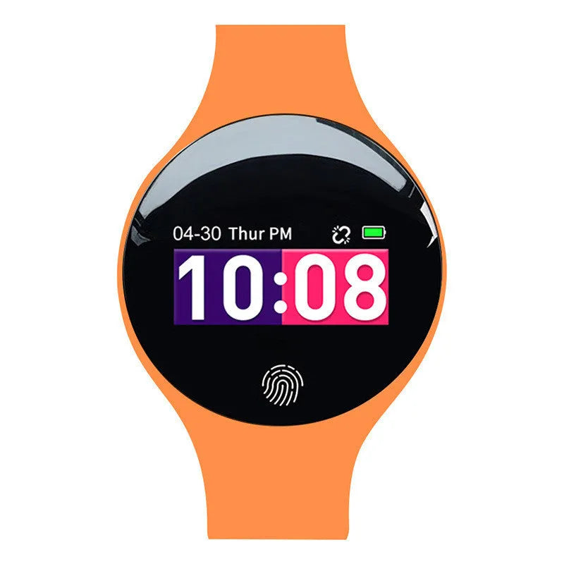 Smart watch with a coloured strap showing its 0.66-inch screen and Bluetooth pedometer functions.
