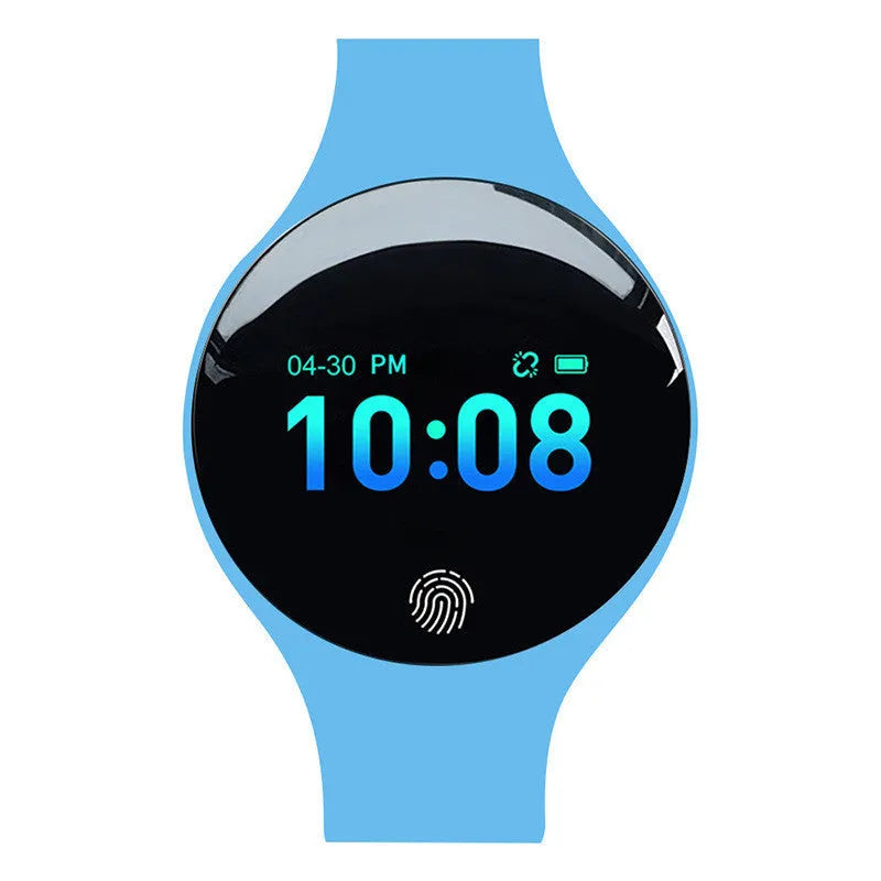 Smart watch with a coloured strap showing its 0.66-inch screen and Bluetooth pedometer functions.