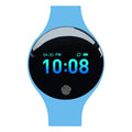 Smart watch with a coloured strap showing its 0.66-inch screen and Bluetooth pedometer functions.