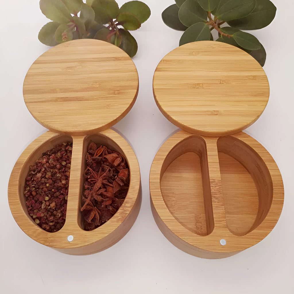 Bamboo seasoning bottle and storage box set with 7.5cm serving spoon for kitchen spice organisation