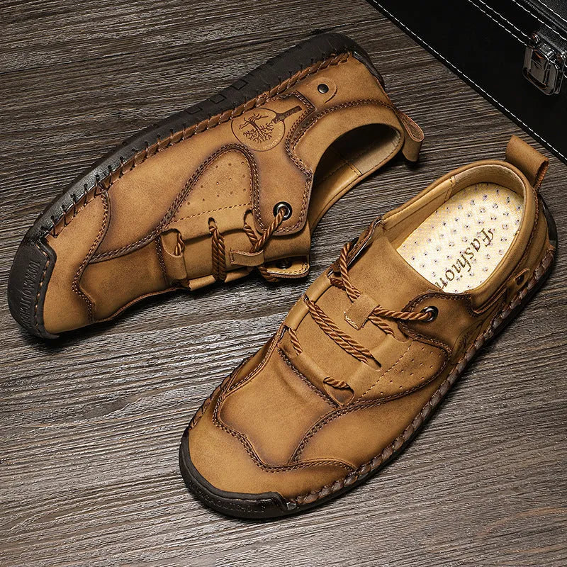 Men's casual leather shoes with round toe design and microfiber uppers