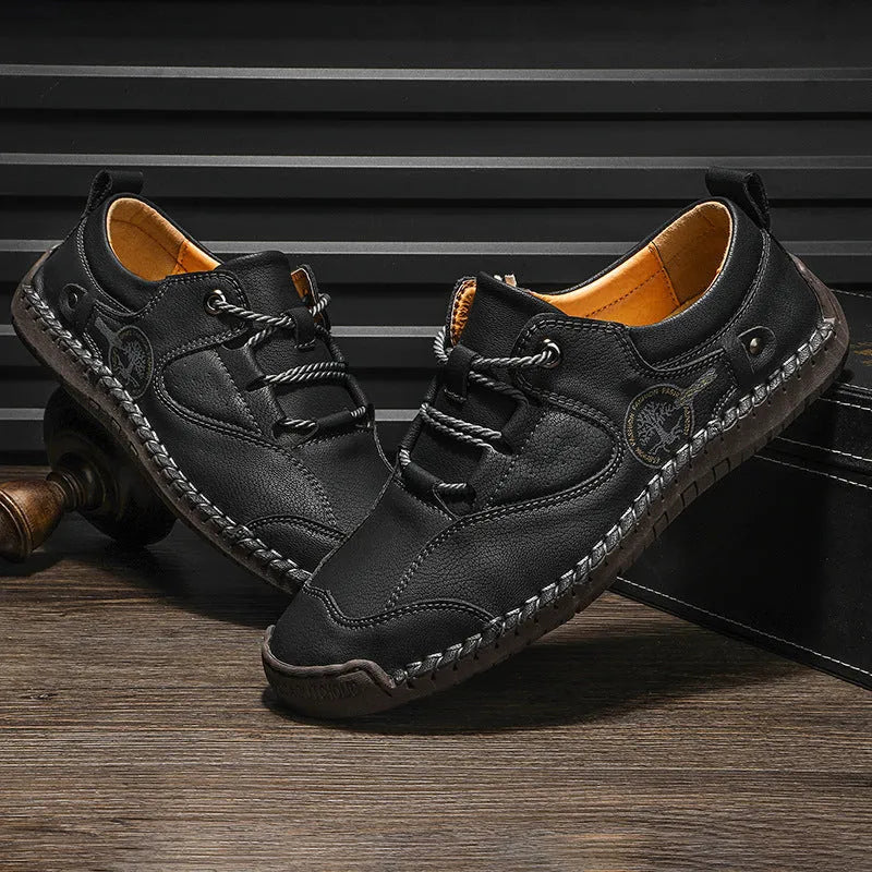 Men's casual leather shoes with round toe design and microfiber uppers