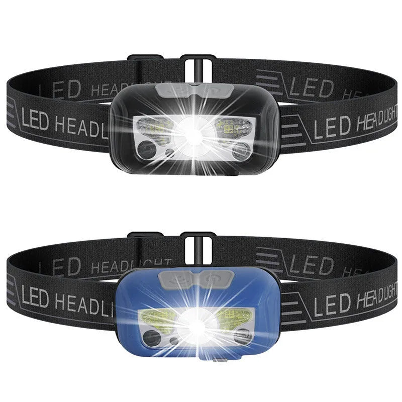 Black or blue USB rechargeable sensor headlight with LED white and red beams