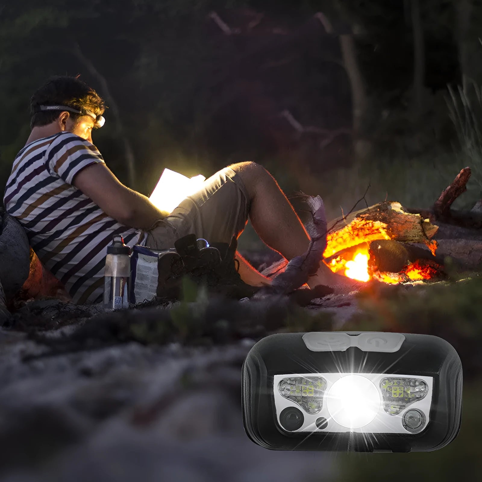 Black or blue USB rechargeable sensor headlight with LED white and red beams