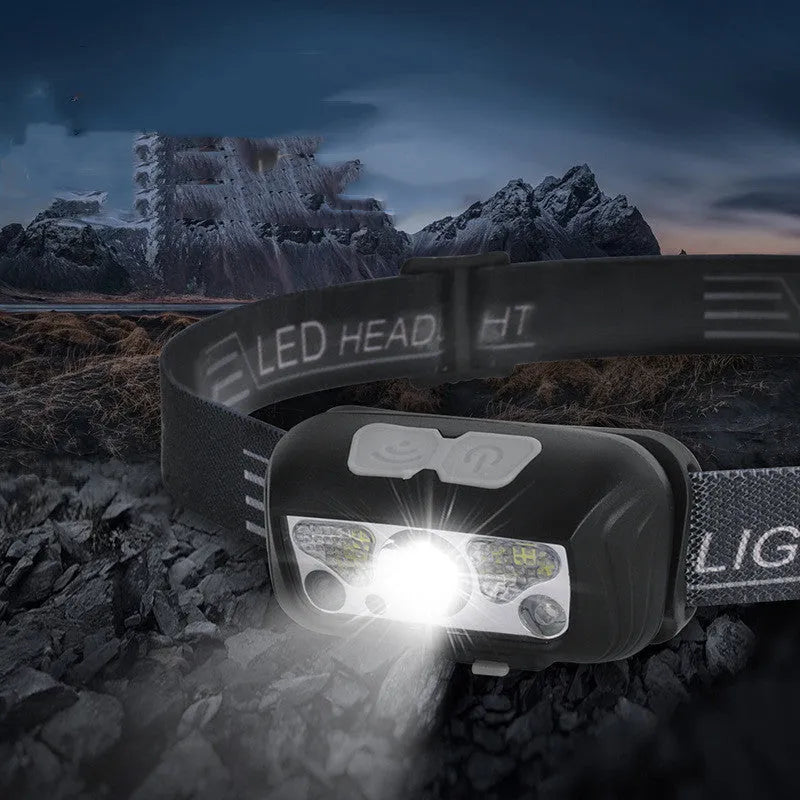 Black or blue USB rechargeable sensor headlight with LED white and red beams