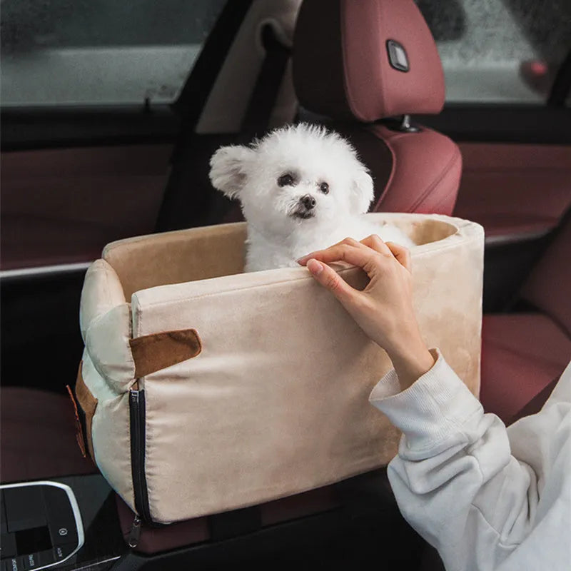 Grey car safety cat dog bed with adjustable soft pillow and elastic safety hook on car seat