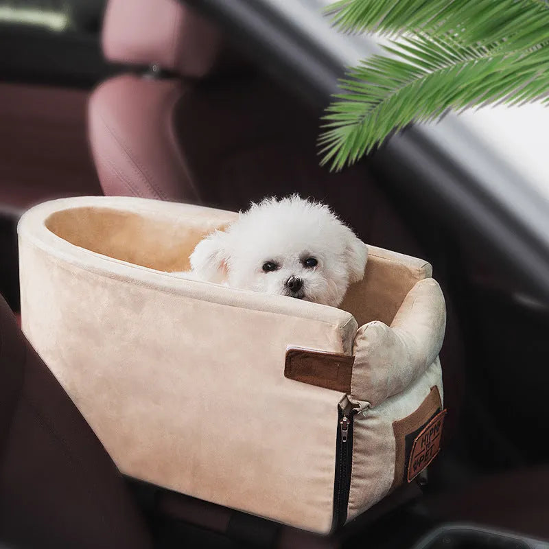 Grey car safety cat dog bed with adjustable soft pillow and elastic safety hook on car seat
