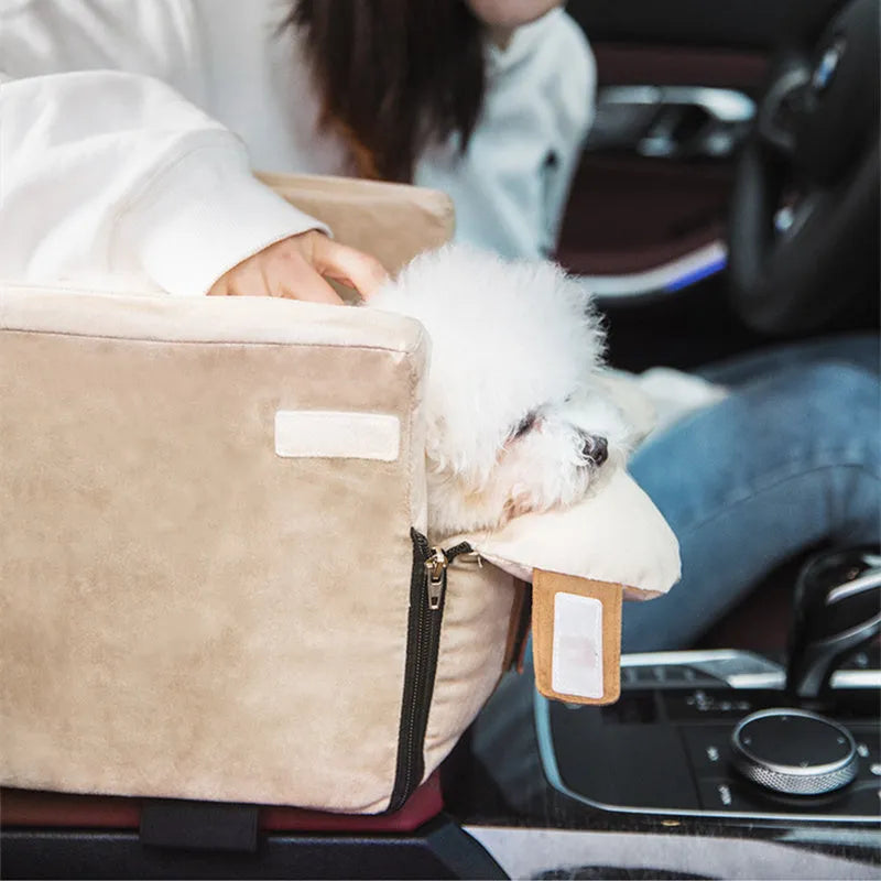Grey car safety cat dog bed with adjustable soft pillow and elastic safety hook on car seat