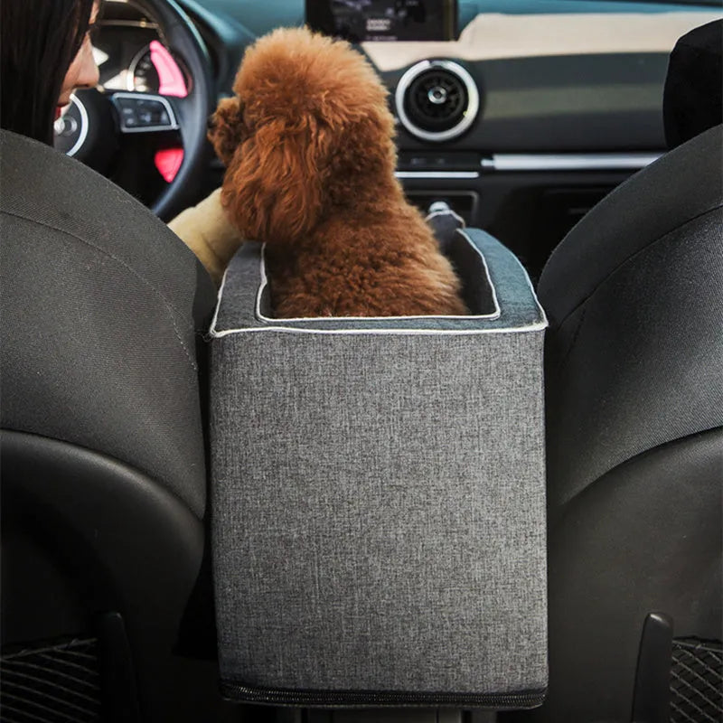 Grey car safety cat dog bed with adjustable soft pillow and elastic safety hook on car seat