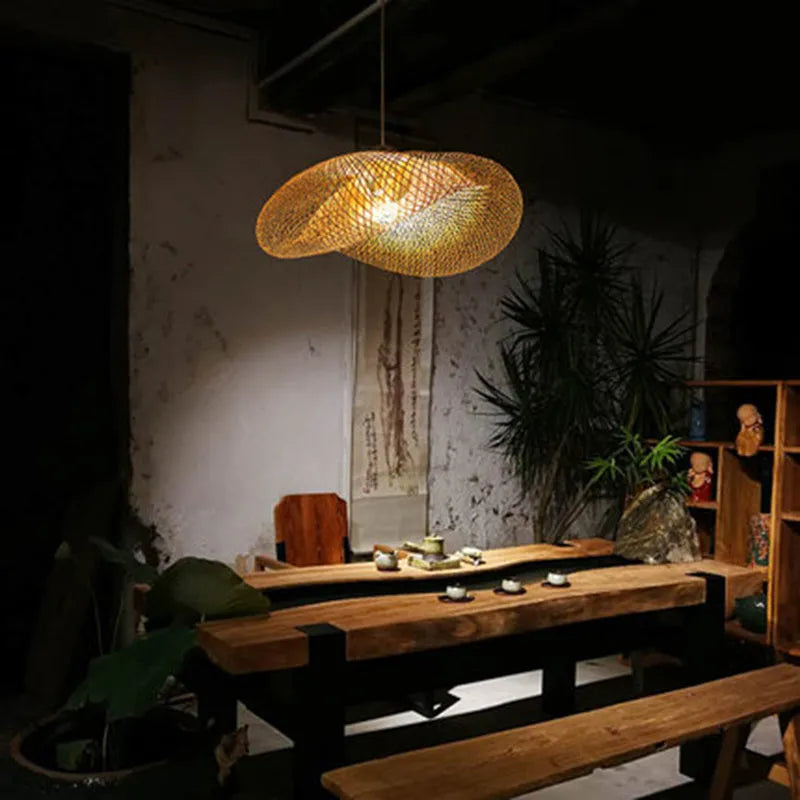 Chinese Zen style bamboo chandelier with a 40cm diameter shell for tea room lighting.
