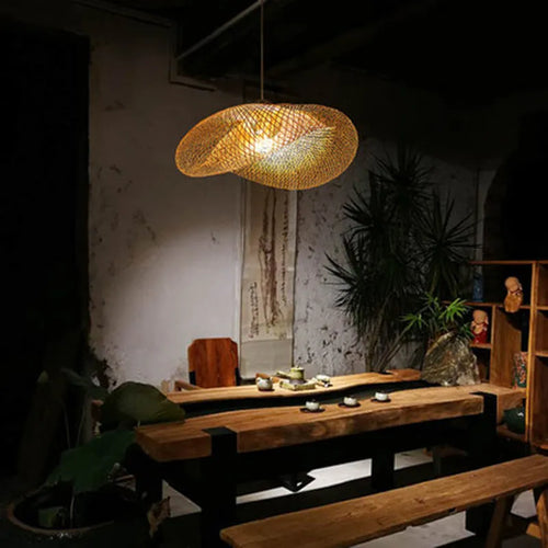Chinese Zen style bamboo chandelier with a 40cm diameter shell for tea room lighting.