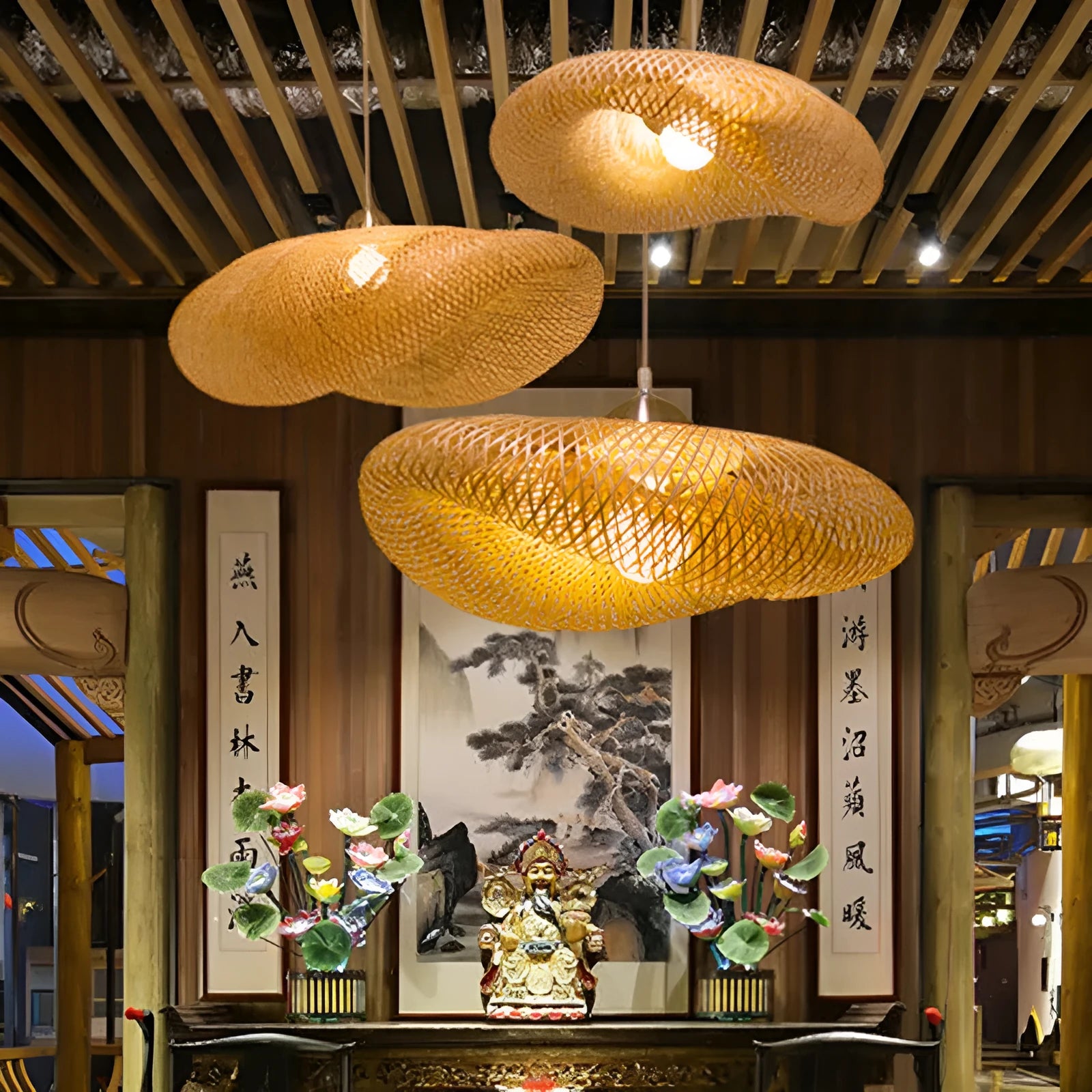 Chinese Zen style bamboo chandelier with a 40cm diameter shell for tea room lighting.