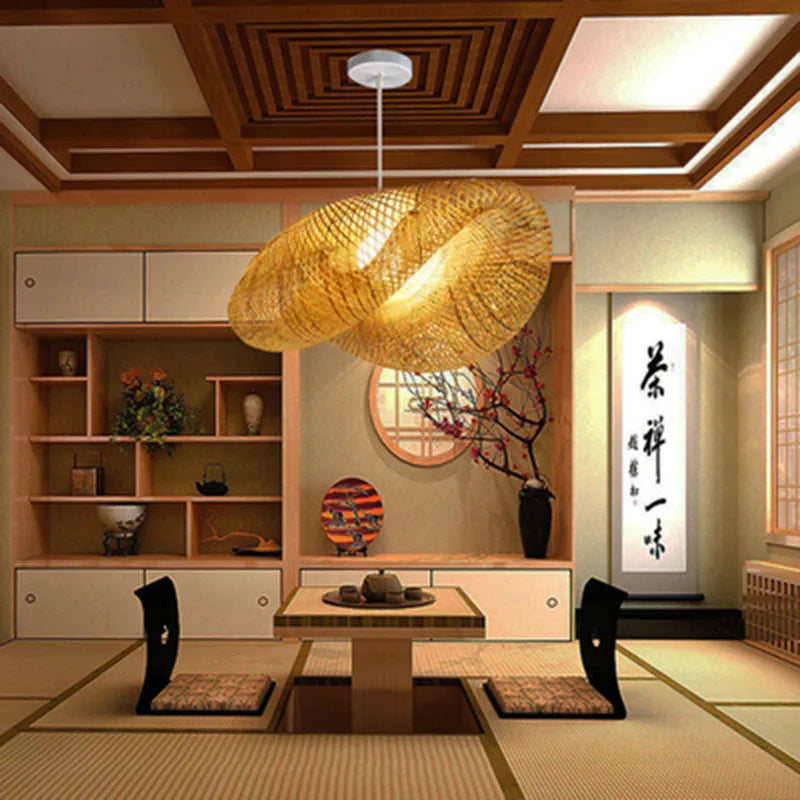 Chinese Zen style bamboo chandelier with a 40cm diameter shell for tea room lighting.