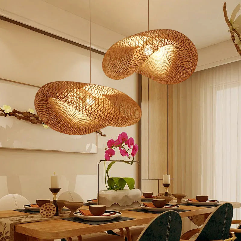 Chinese Zen style bamboo chandelier with a 40cm diameter shell for tea room lighting.