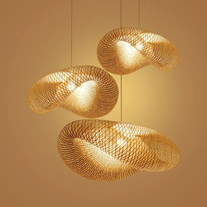 Chinese Zen style bamboo chandelier with a 40cm diameter shell for tea room lighting.