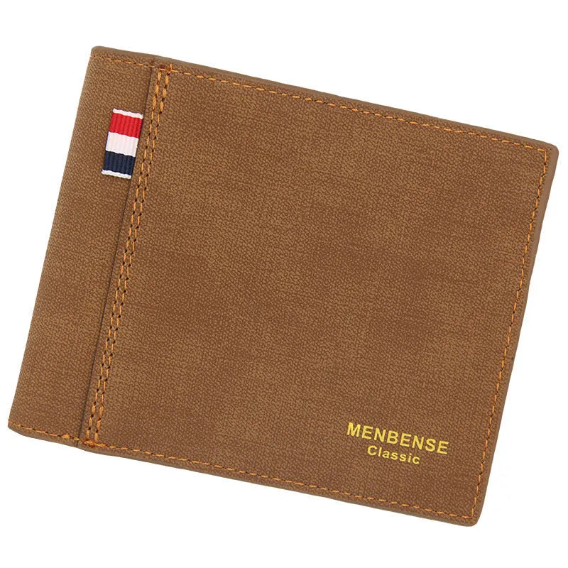 Men's genuine cowhide leather tri-fold wallet in open position showing interior card slots and currency compartments