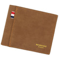 Men's genuine cowhide leather tri-fold wallet in open position showing interior card slots and currency compartments