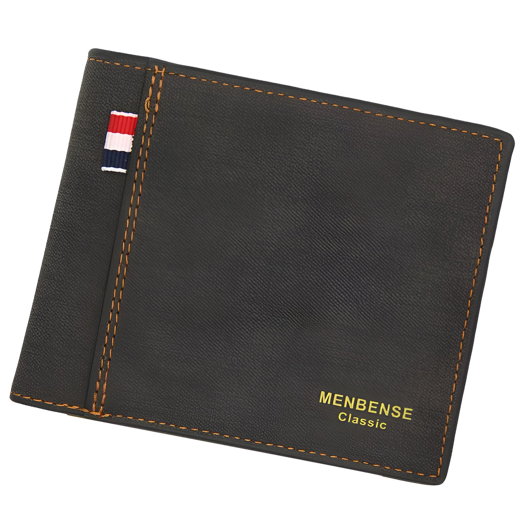 Men's genuine cowhide leather tri-fold wallet in open position showing interior card slots and currency compartments