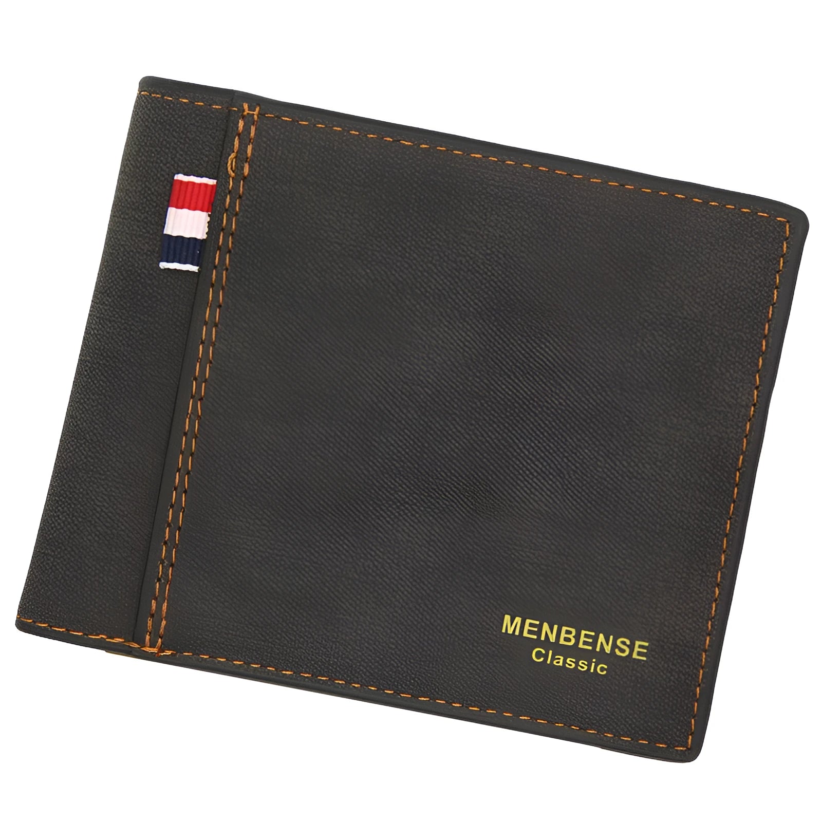 Men's genuine cowhide leather tri-fold wallet in open position showing interior card slots and currency compartments