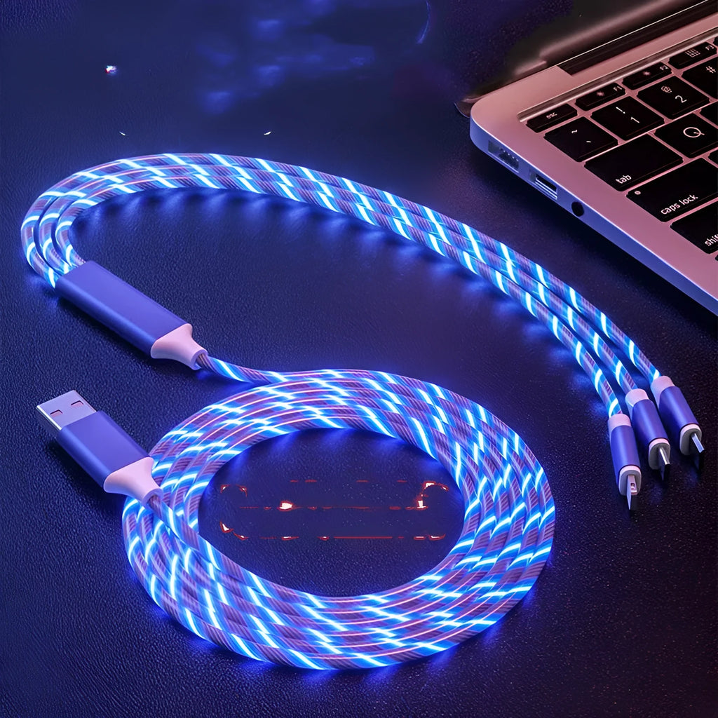 Colourful LED USB streamer charging cable with one-for-three splitter measuring 1.25 metres