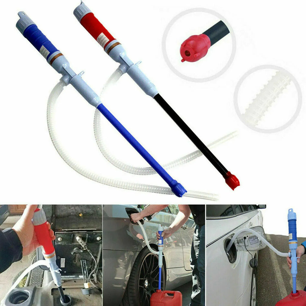 Blue manual siphon transfer pump for fuel oil gasoline and liquid handling