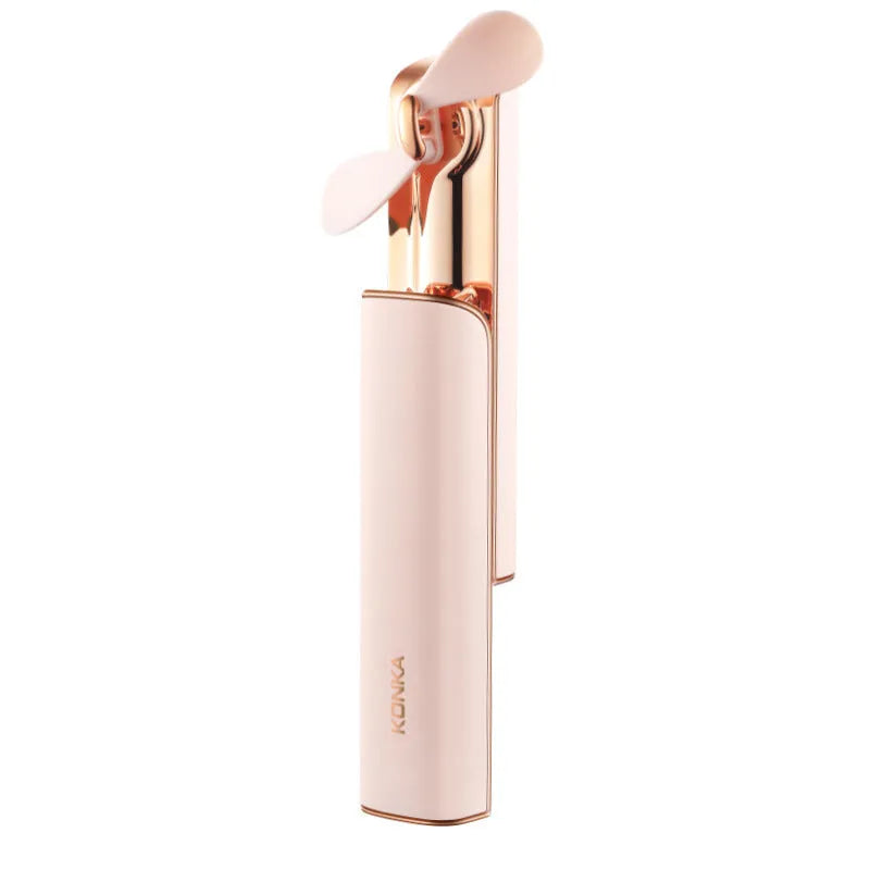 Pink folding handheld electric fan with USB port and two-speed mechanical switch