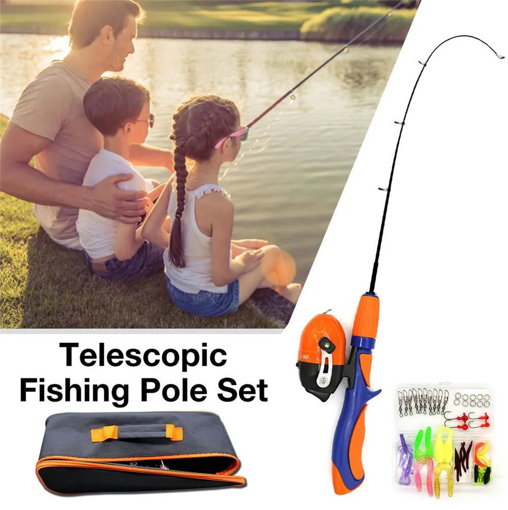 Fibre glass set gun handle telescopic lure rod fishing gear four piece set in orange, red, and blue colours
