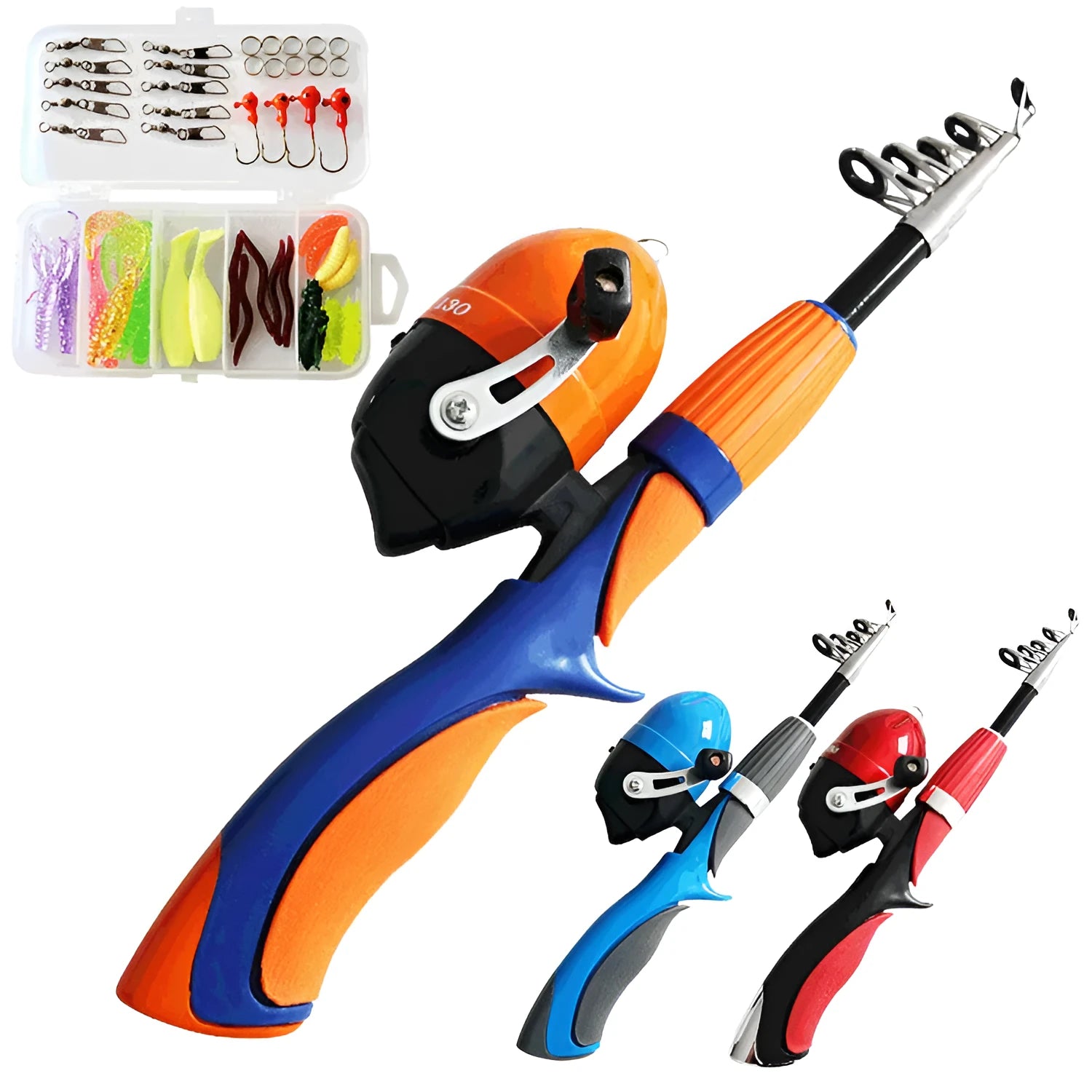 Fibre glass set gun handle telescopic lure rod fishing gear four piece set in orange, red, and blue colours