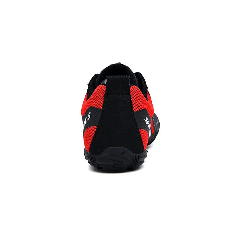 A pair of casual outdoor wading shoes with a mesh upper and rubber sole, shown in red.