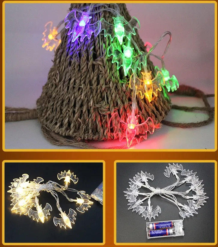 Halloween battery LED string lights showing bat, pumpkin, ghost and spider shapes on a 1.2 metre white wire.