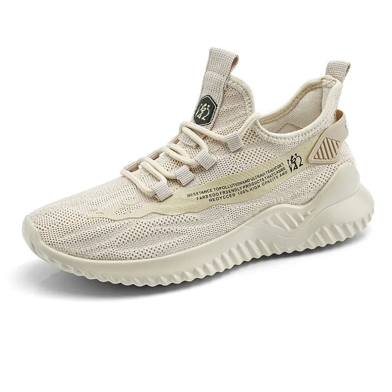 Men's white mesh sports shoes with rubber sole and lace-up front, round toe low-top casual trainers
