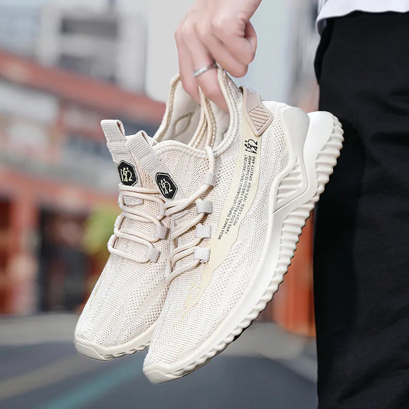 Men's white mesh sports shoes with rubber sole and lace-up front, round toe low-top casual trainers