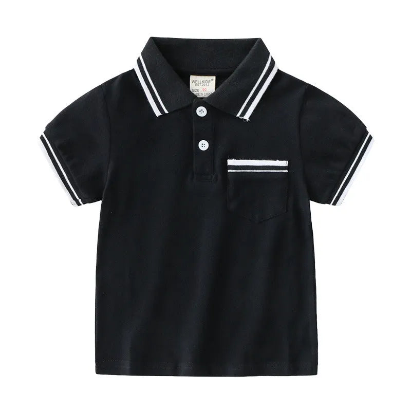 Boys' white and black cotton polo shirt with short sleeves and round neck collar