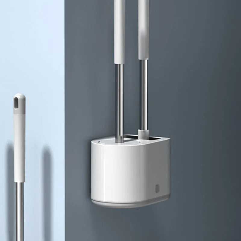 White bathroom silicone toilet brush with long handle and anti-drip ventilated stand