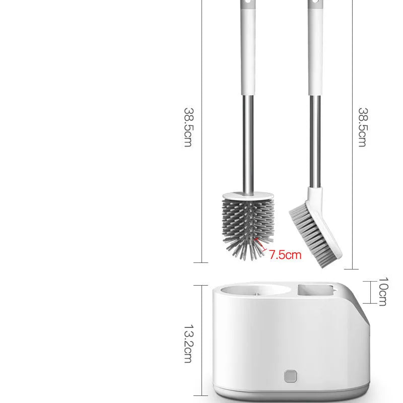 White bathroom silicone toilet brush with long handle and anti-drip ventilated stand