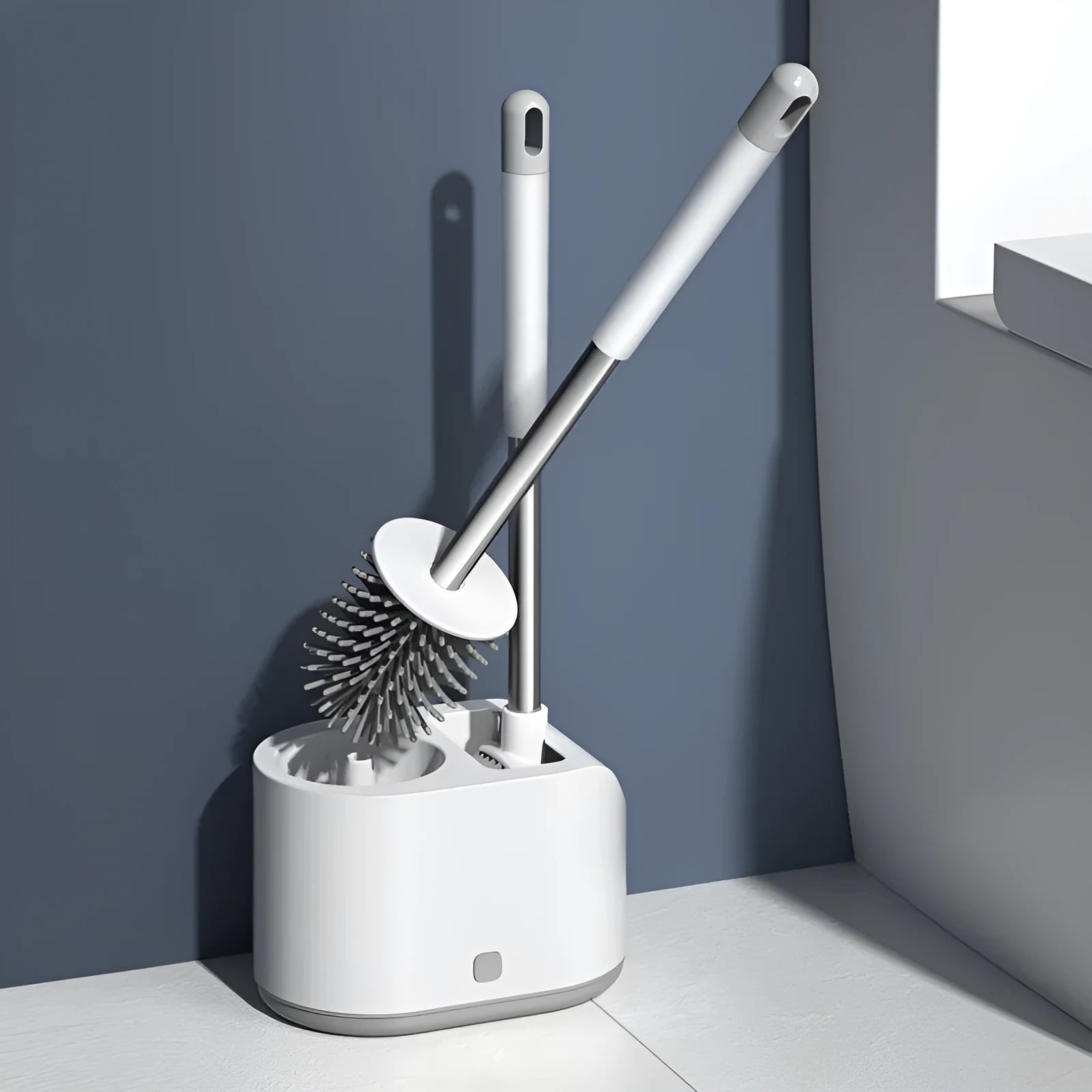 White bathroom silicone toilet brush with long handle and anti-drip ventilated stand