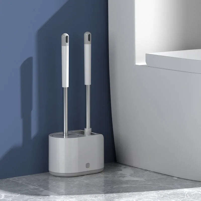 White bathroom silicone toilet brush with long handle and anti-drip ventilated stand