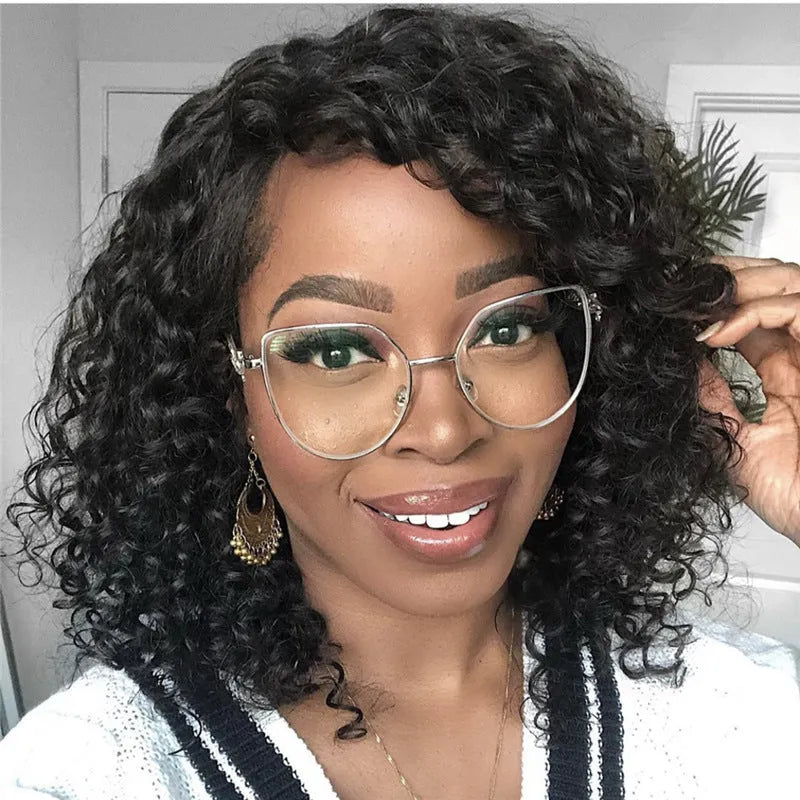 Synthetic lace front wig black small curly hair women's medium long with long bangs