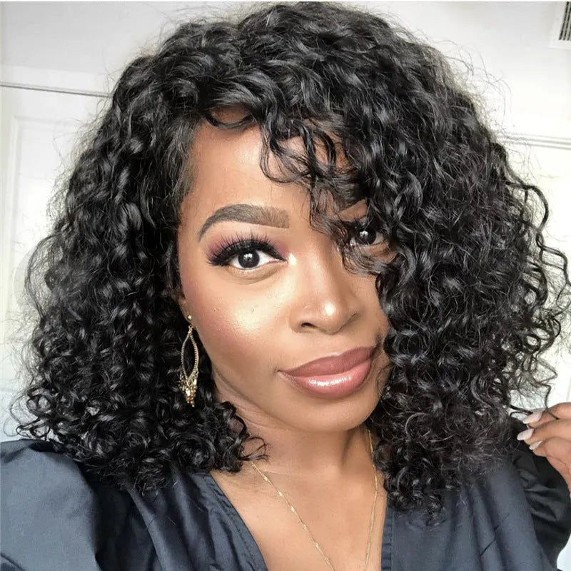 Synthetic lace front wig black small curly hair women's medium long with long bangs