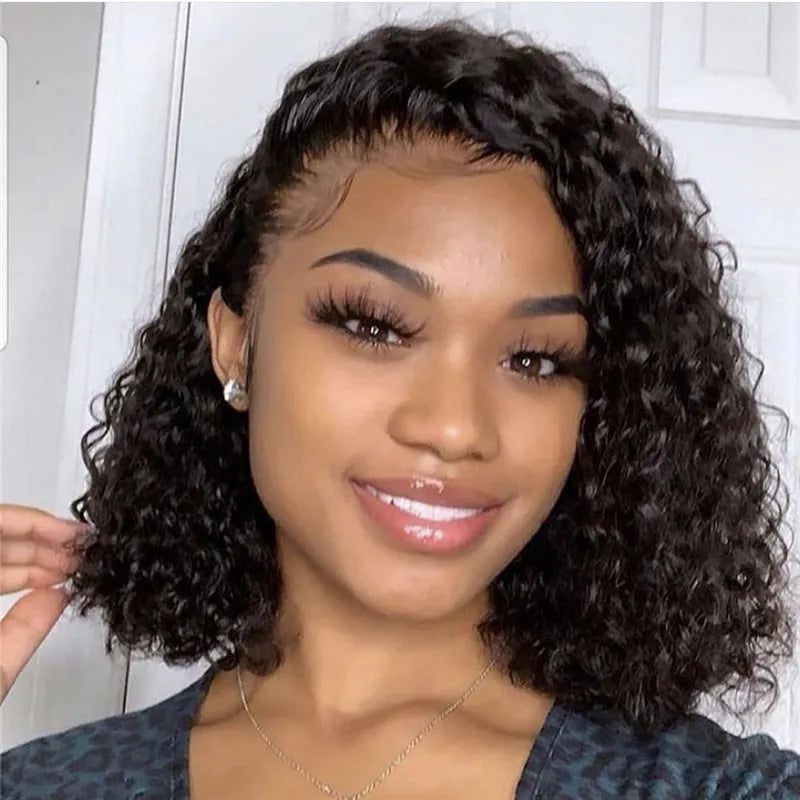 Synthetic lace front wig black small curly hair women's medium long with long bangs