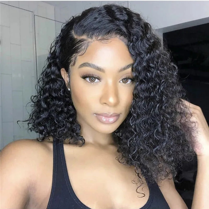 Synthetic lace front wig black small curly hair women's medium long with long bangs