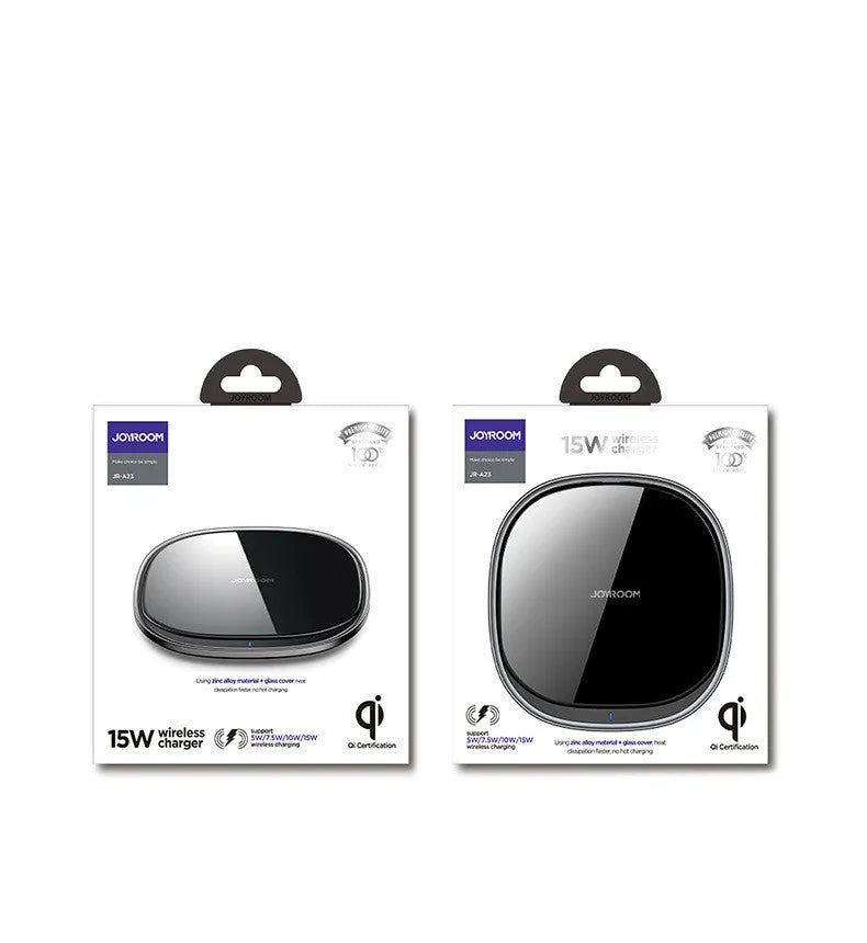 Black 15W wireless phone charger with glass top and zinc alloy body on a desk