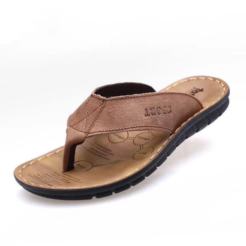 Men's cowhide leather flip-flops with rubber sole in black open toe driving sandal