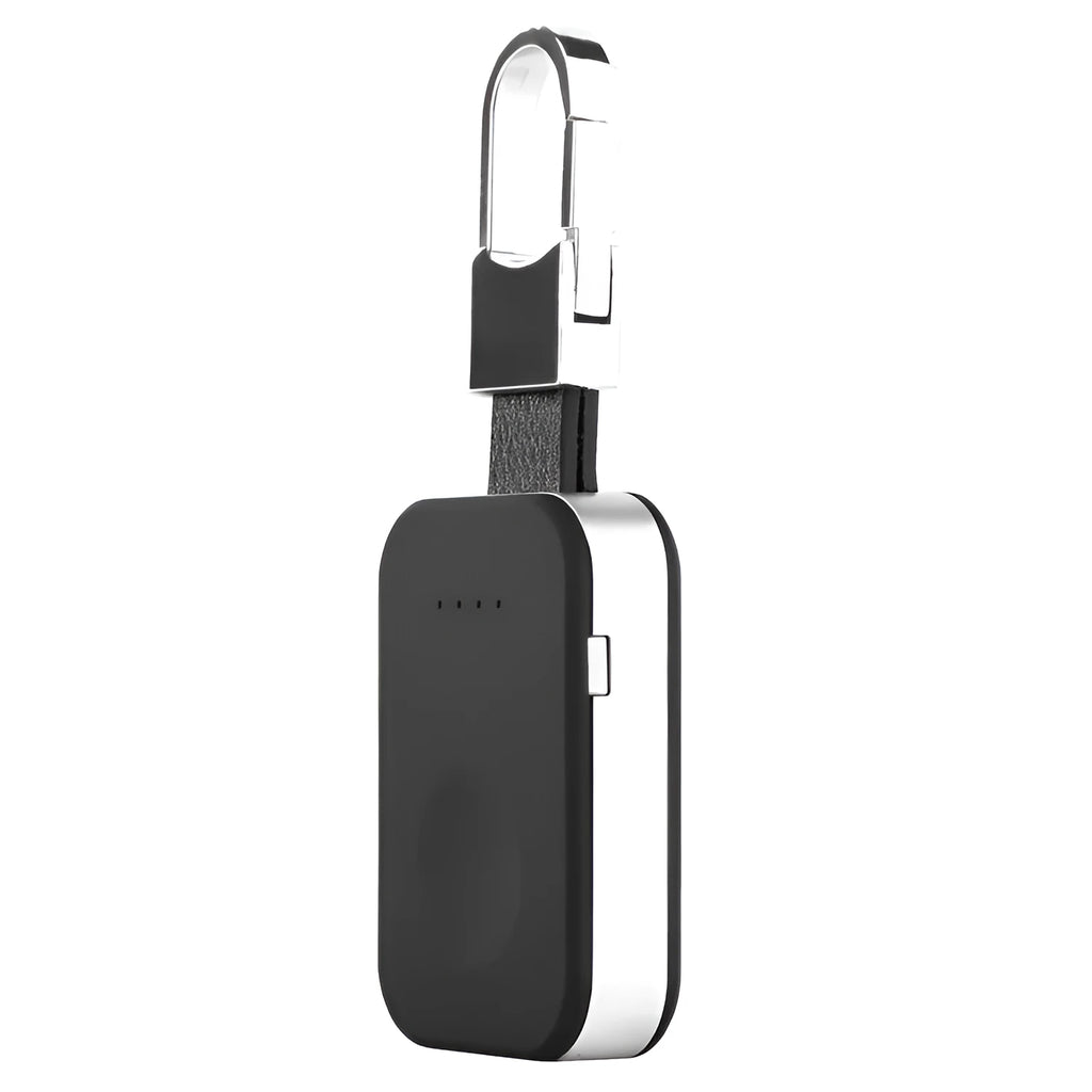 Black Apple Watch portable wireless charger keychain with USB port on a keyring.