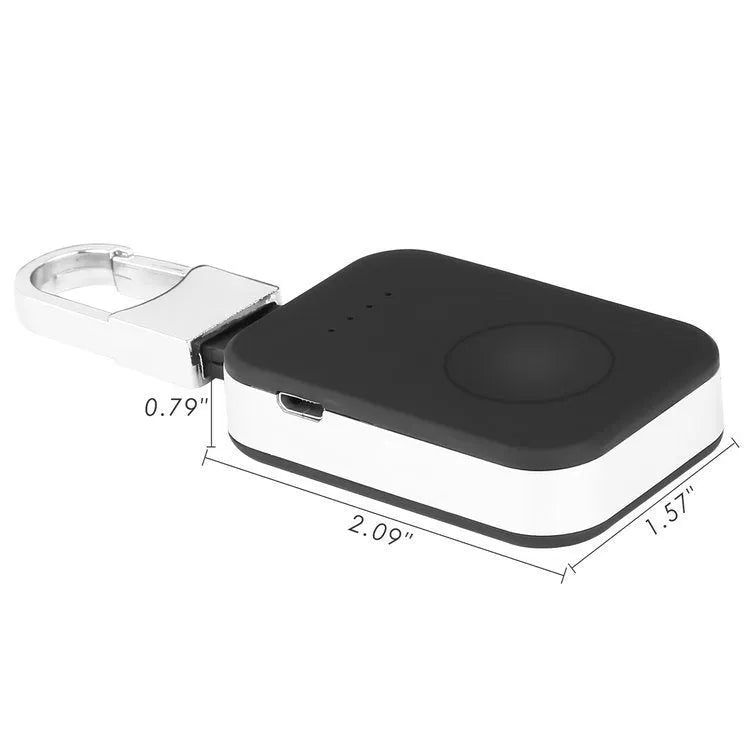 Black Apple Watch portable wireless charger keychain with USB port on a keyring.