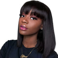 Black human hair wig with 10 inch length and machine-wefted construction