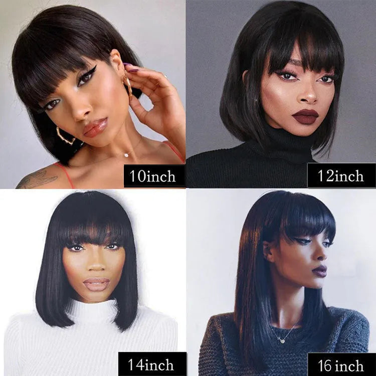 Black human hair wig with 10 inch length and machine-wefted construction