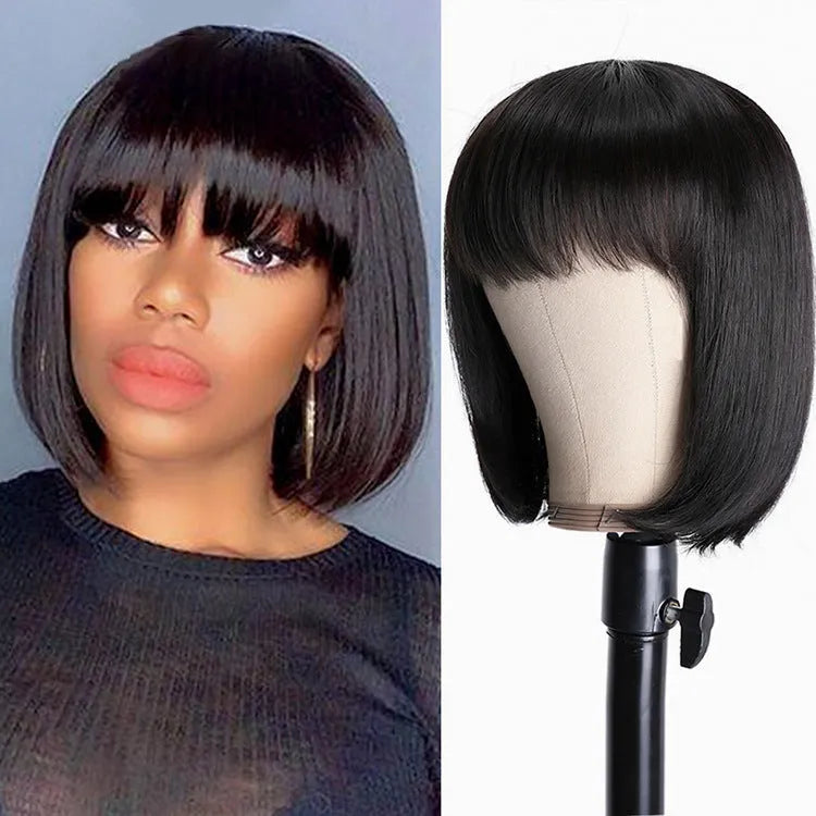 Black human hair wig with 10 inch length and machine-wefted construction