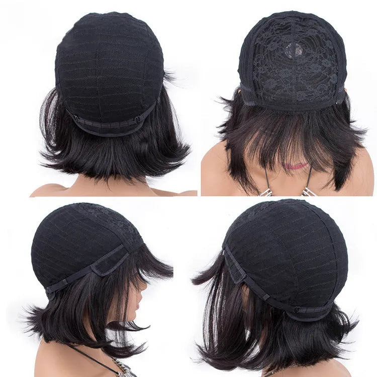 Black human hair wig with 10 inch length and machine-wefted construction